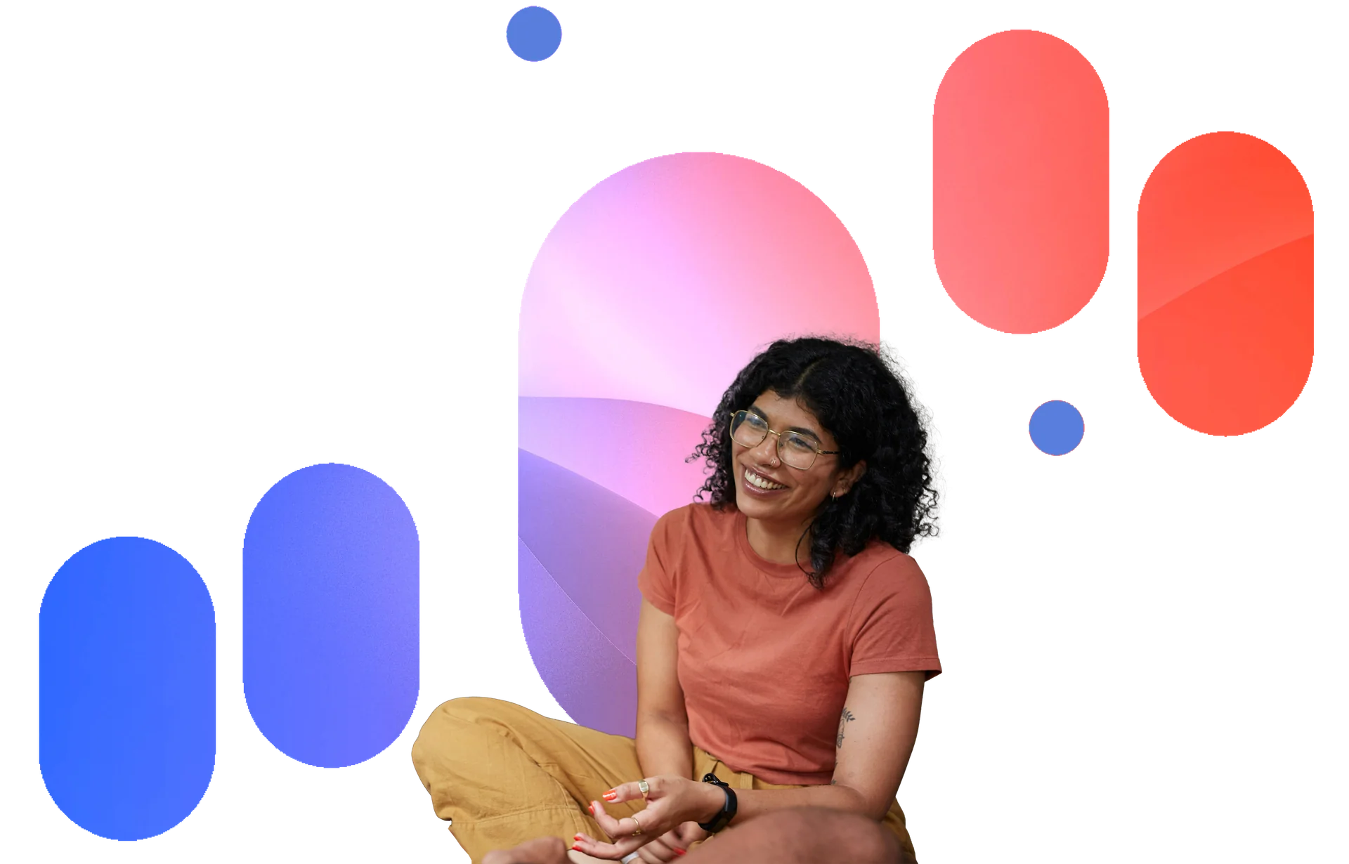 Hero image of smiling woman sitting casually in front of a colorful abstract background with rounded blue and red gradient shapes